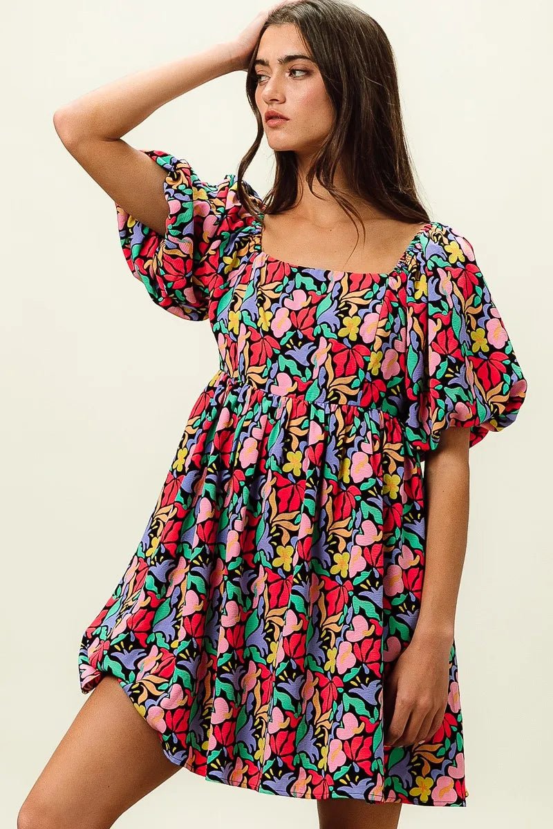 BiBi - Multicolor Floral Print Puff Sleeve Babydoll Dress