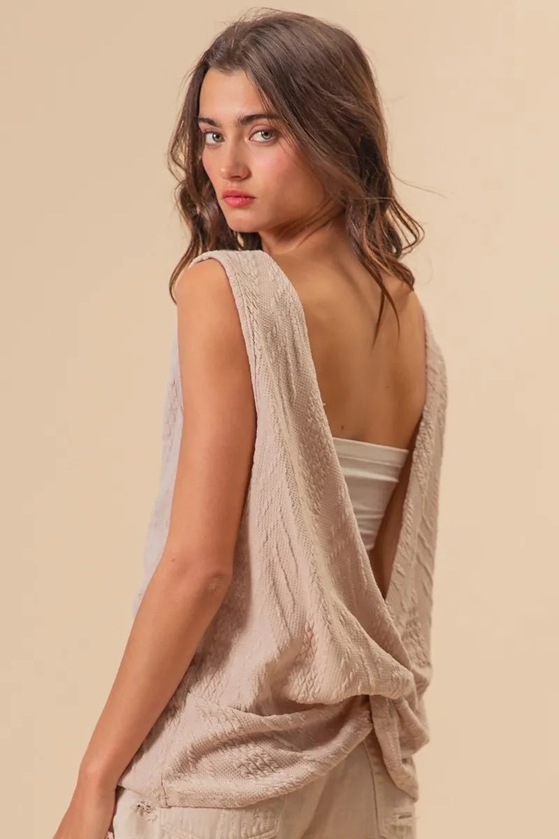 BiBi - Mushroom Taupe Cable Knit Twist - Back Sleeveless Top