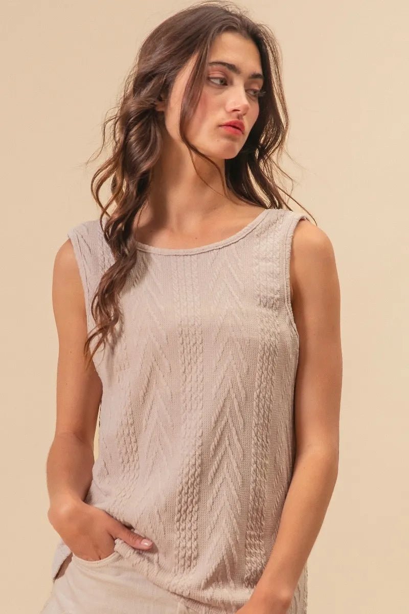 BiBi - Mushroom Taupe Cable Knit Twist - Back Sleeveless Top