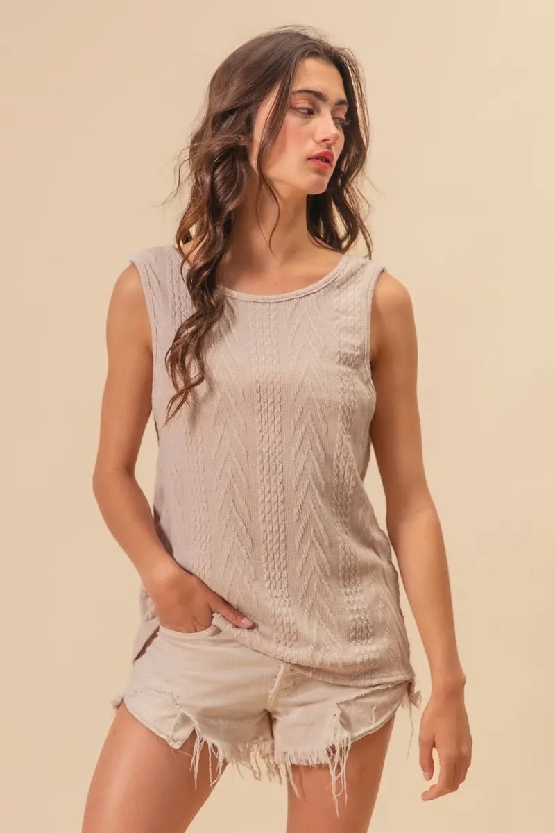 BiBi - Mushroom Taupe Cable Knit Twist - Back Sleeveless Top