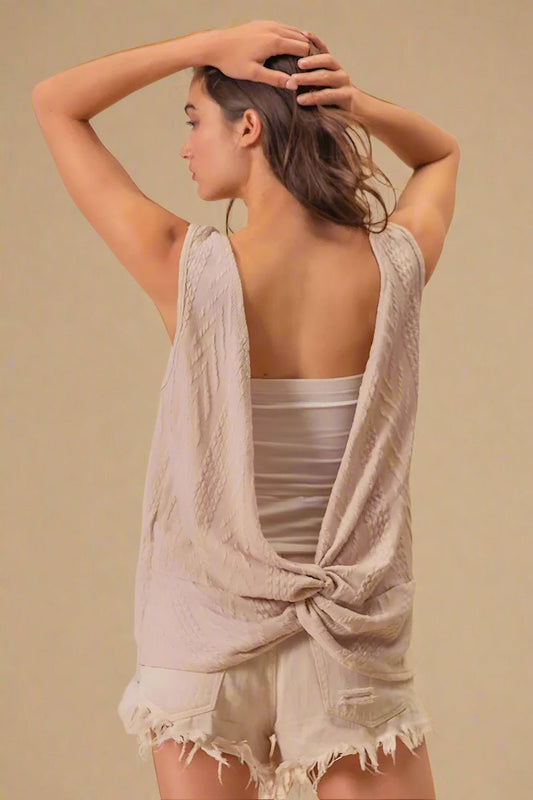 BiBi - Mushroom Taupe Cable Knit Twist - Back Sleeveless Top