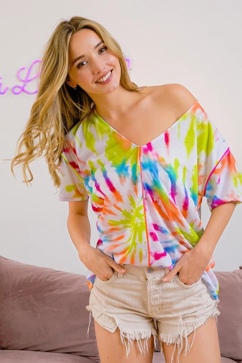 BiBi - Neon Rainbow Tie - Dye V - Neck Tee