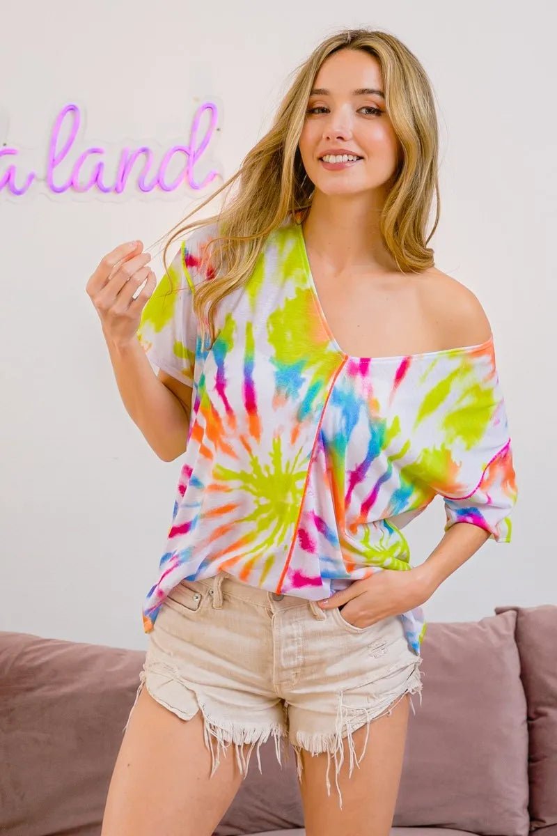 BiBi - Neon Rainbow Tie - Dye V - Neck Tee