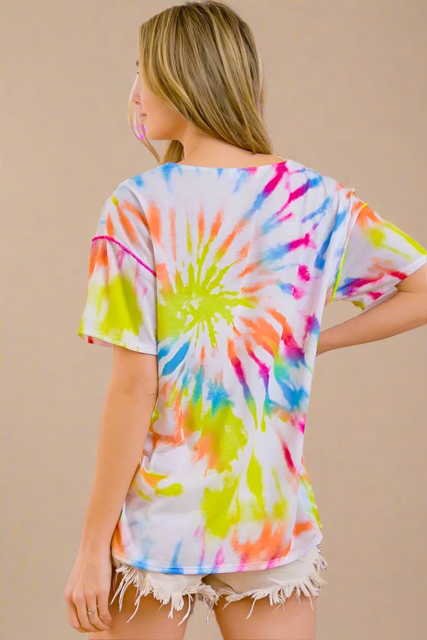 BiBi - Neon Rainbow Tie - Dye V - Neck Tee