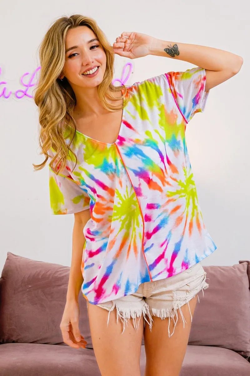 BiBi - Neon Rainbow Tie - Dye V - Neck Tee
