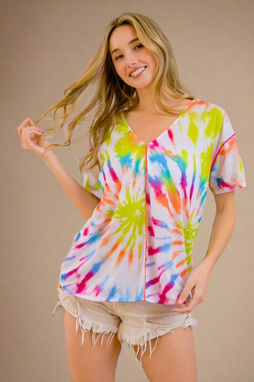 BiBi - Neon Rainbow Tie - Dye V - Neck Tee