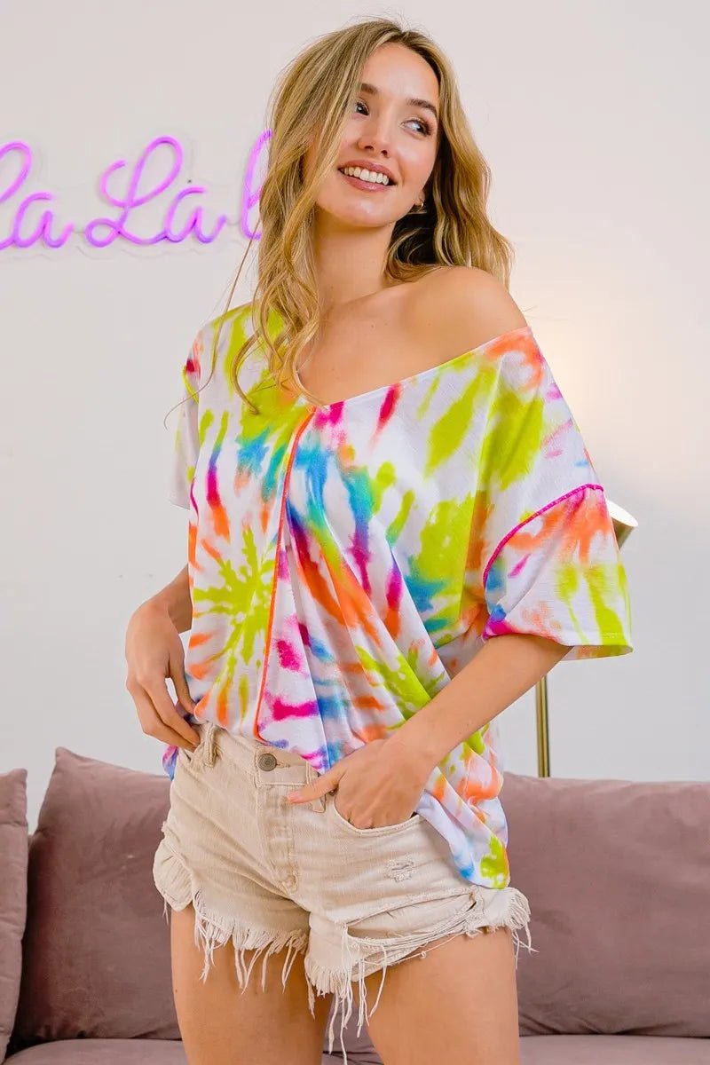 BiBi - Neon Rainbow Tie - Dye V - Neck Tee