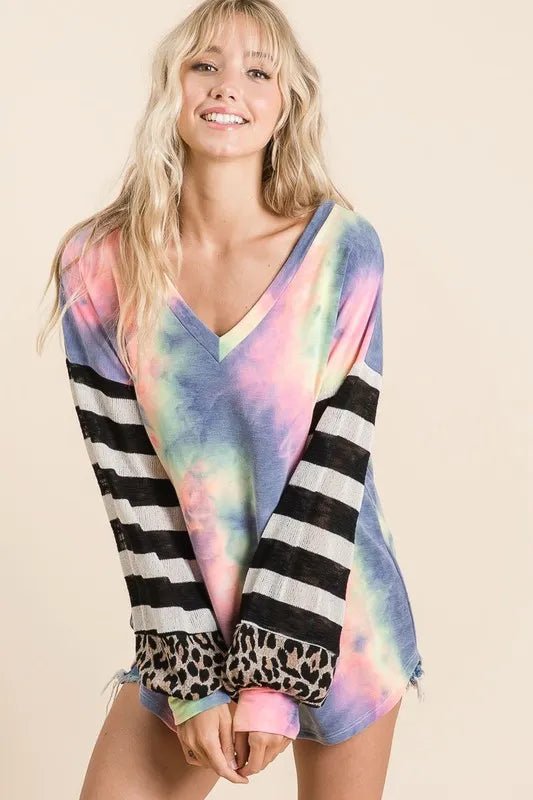 BiBi - Neon Tie - Dye V - Neck Top with Leopard & Stripe Sleeves
