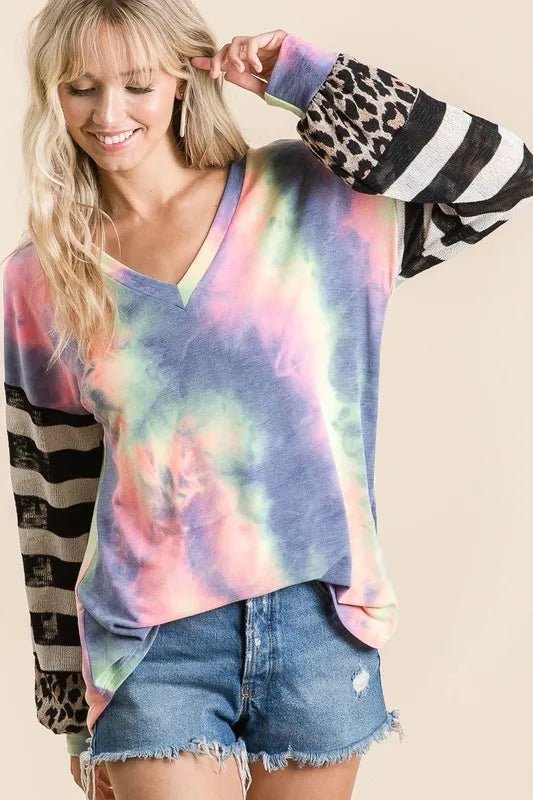 BiBi - Neon Tie - Dye V - Neck Top with Leopard & Stripe Sleeves