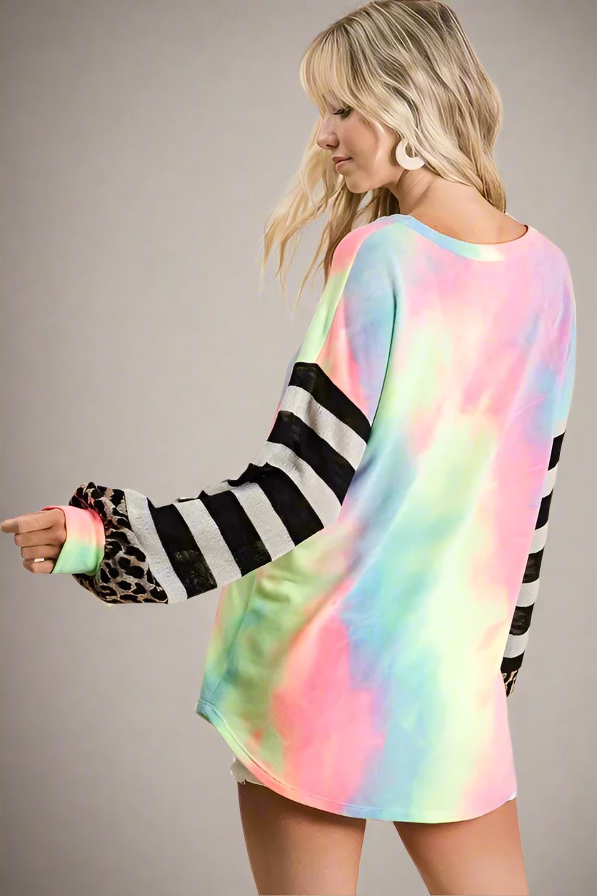 BiBi - Neon Tie - Dye V - Neck Top with Leopard & Stripe Sleeves