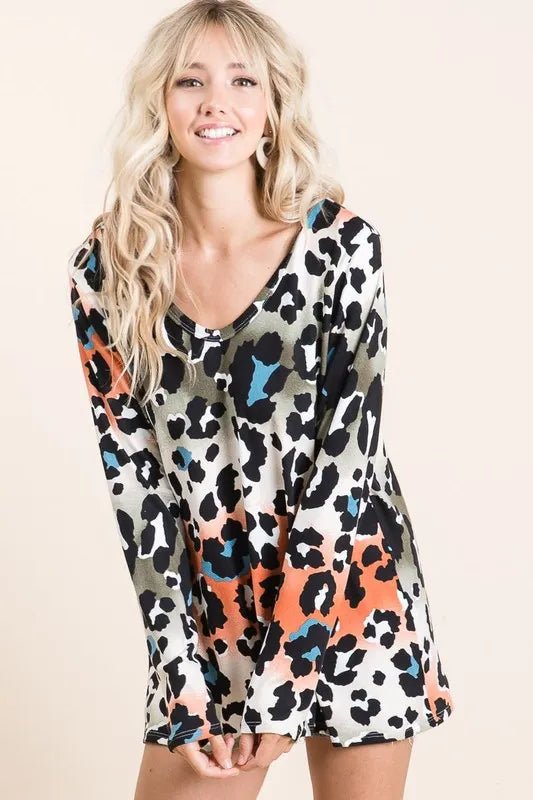 BiBi - Olive & Rust Ombre Leopard Long Sleeve Top