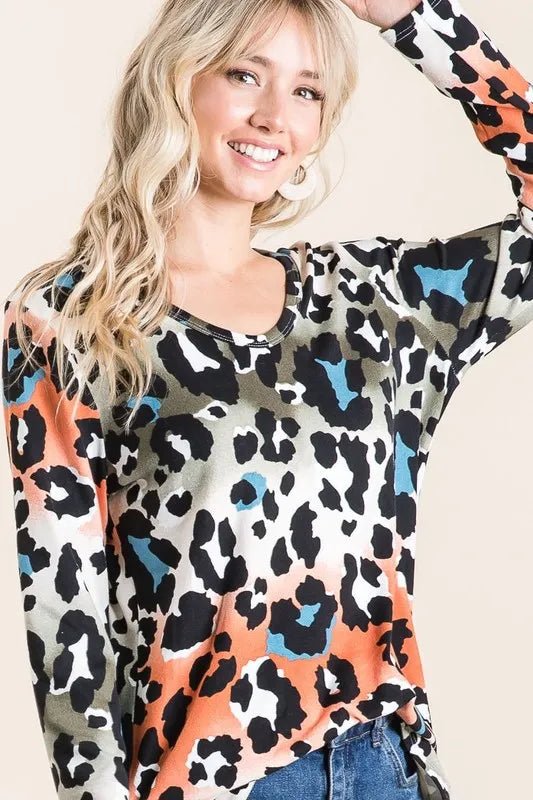 BiBi - Olive & Rust Ombre Leopard Long Sleeve Top