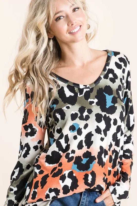 BiBi - Olive & Rust Ombre Leopard Long Sleeve Top