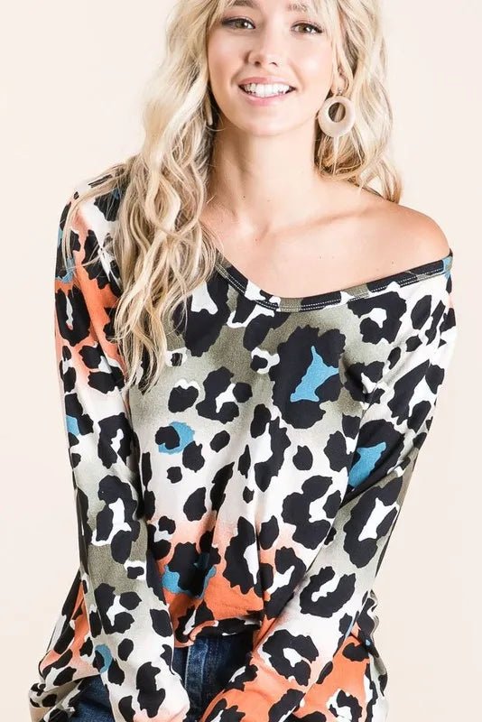BiBi - Olive & Rust Ombre Leopard Long Sleeve Top