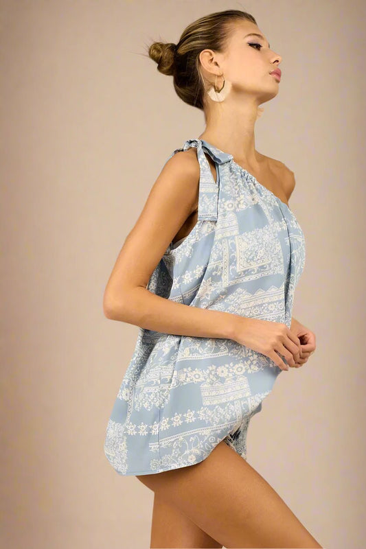 BiBi - One - Shoulder Bandana Print Top – Soft Blue/Ivory