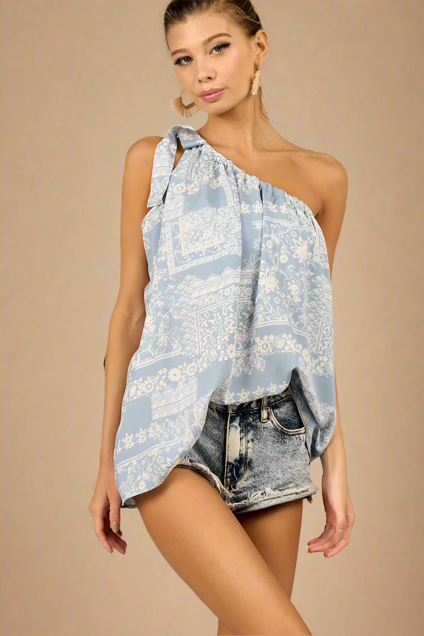BiBi - One - Shoulder Bandana Print Top – Soft Blue/Ivory