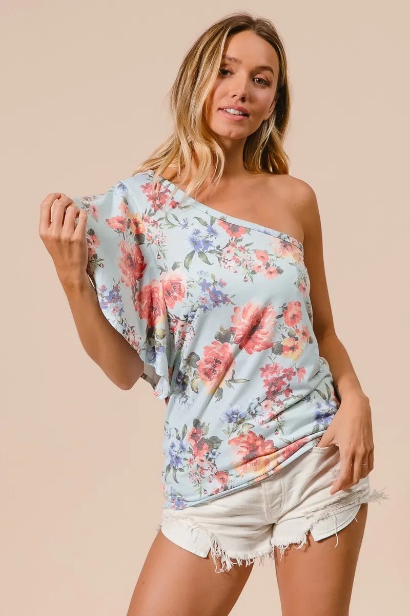 BiBi - One - Shoulder Floral Ruffle Sleeve Top – Sky Blue/Multi