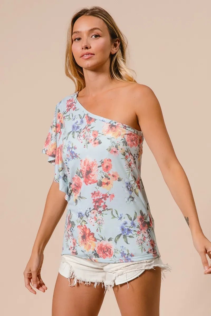 BiBi - One - Shoulder Floral Ruffle Sleeve Top – Sky Blue/Multi