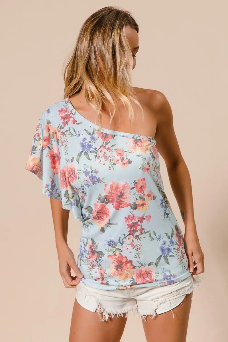 BiBi - One - Shoulder Floral Ruffle Sleeve Top – Sky Blue/Multi