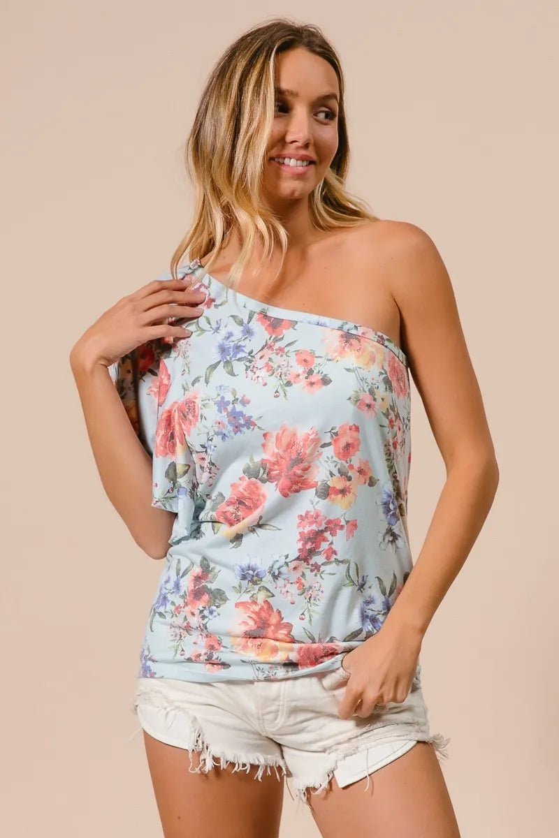 BiBi - One - Shoulder Floral Ruffle Sleeve Top – Sky Blue/Multi