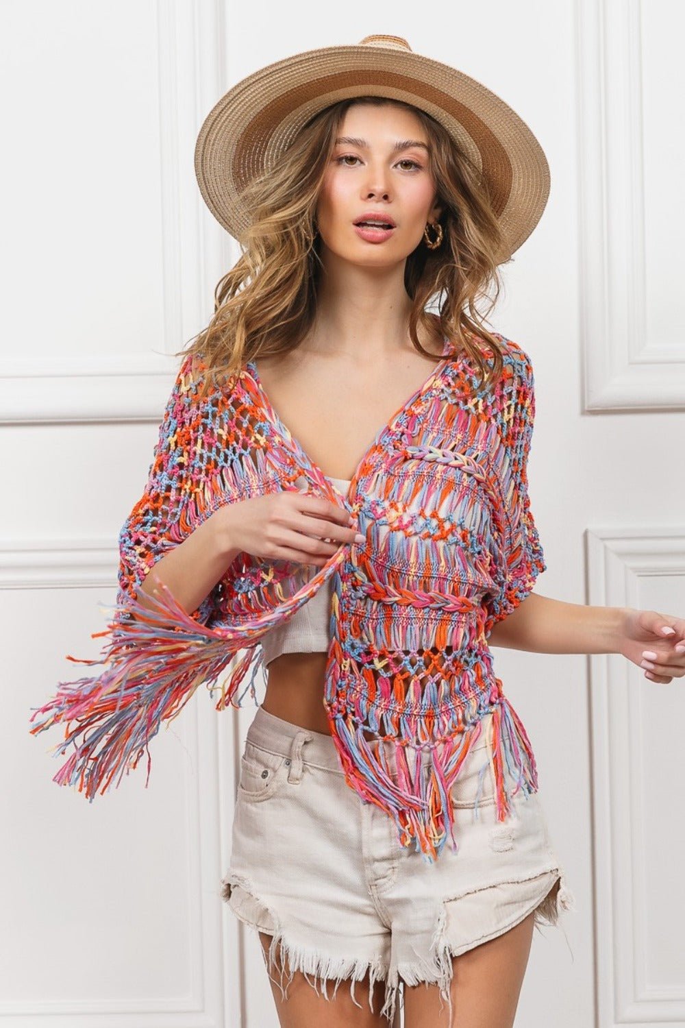 BiBi - Open Front Fringed Crop Knit Cardigan in Burnt Orange