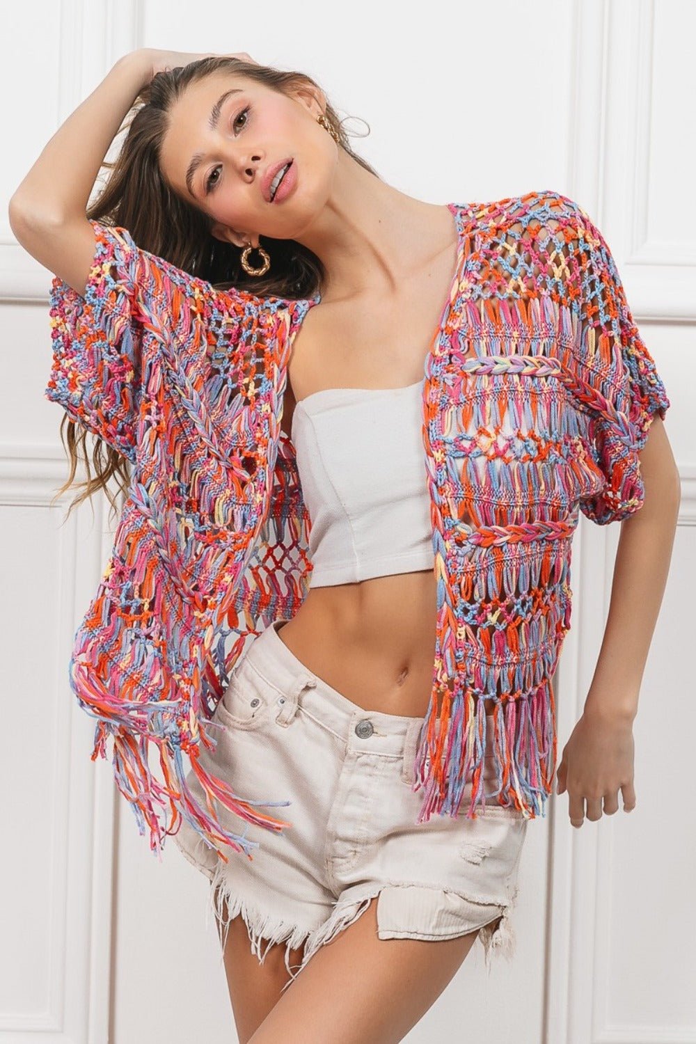 BiBi - Open Front Fringed Crop Knit Cardigan in Burnt Orange