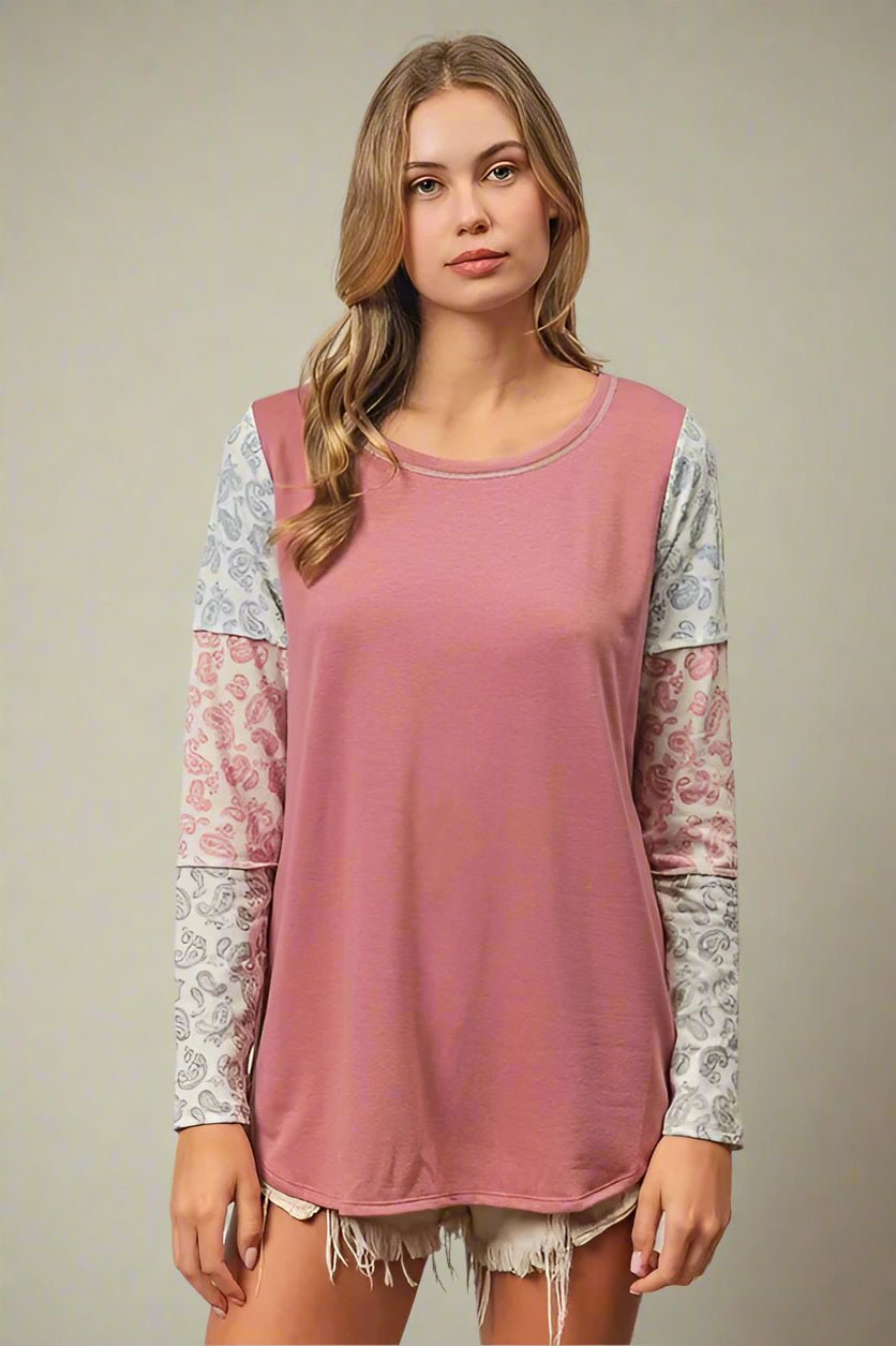 BiBi - Paisley Patch Long Sleeve Top in Dusty Rose Multi