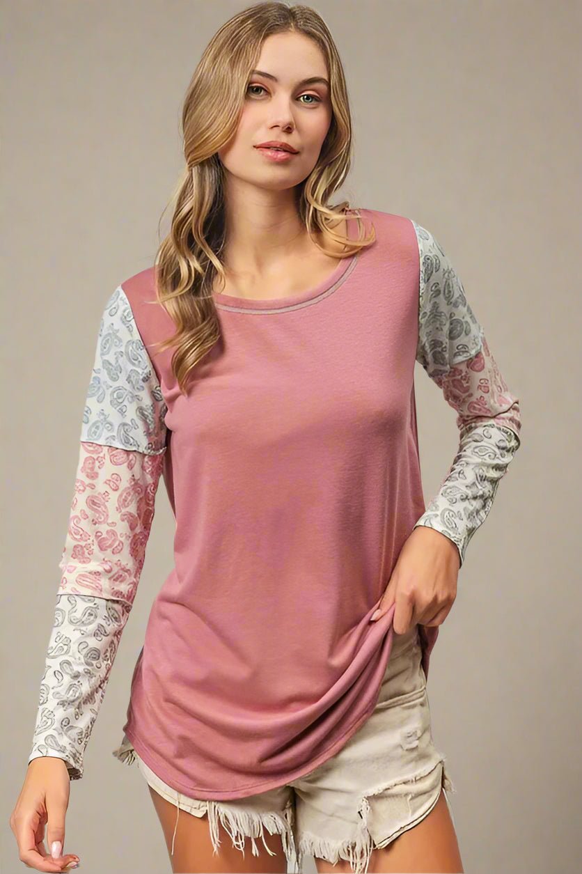 BiBi - Paisley Patch Long Sleeve Top in Dusty Rose Multi