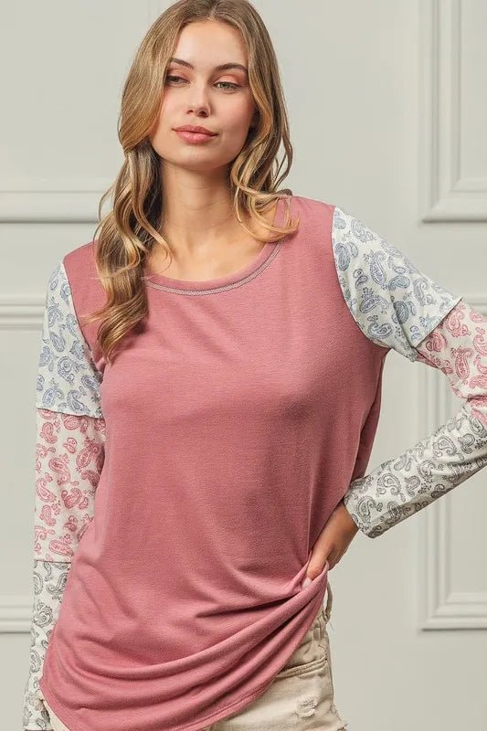 BiBi - Paisley Patch Long Sleeve Top in Dusty Rose Multi