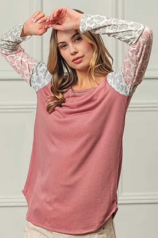 BiBi - Paisley Patch Long Sleeve Top in Dusty Rose Multi