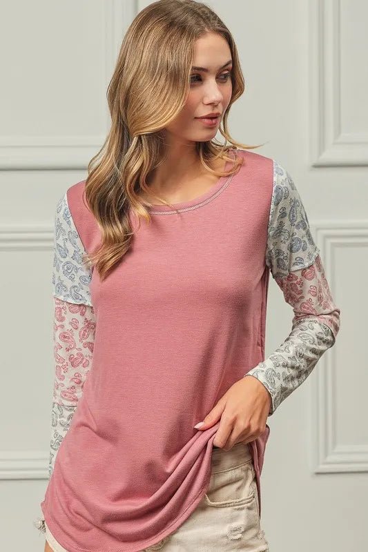 BiBi - Paisley Patch Long Sleeve Top in Dusty Rose Multi