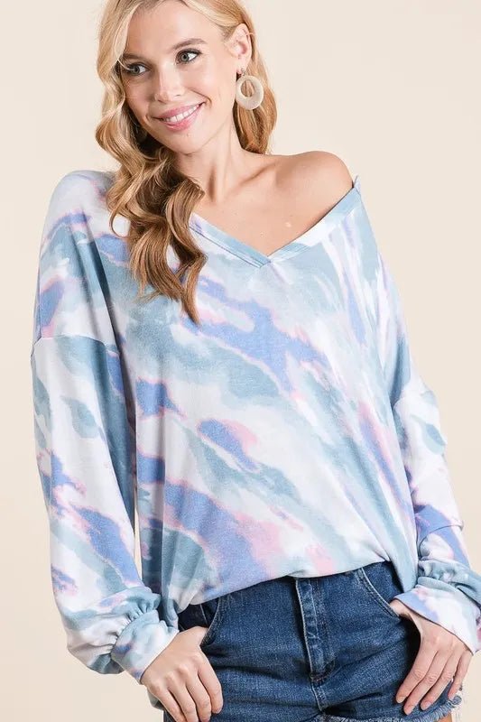 BiBi - Pastel Blue Tie - Dye V - Neck Pullover
