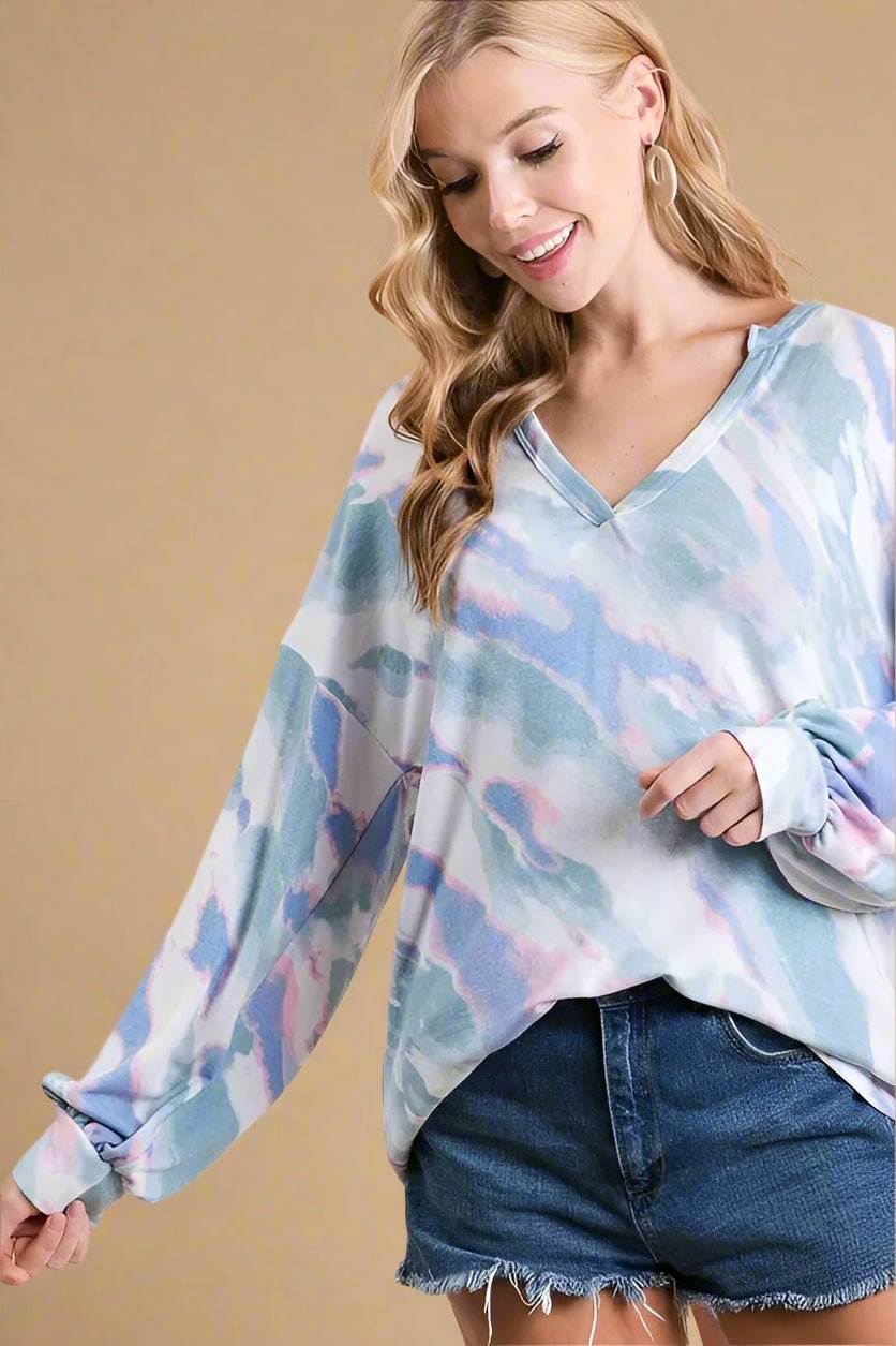 BiBi - Pastel Blue Tie - Dye V - Neck Pullover