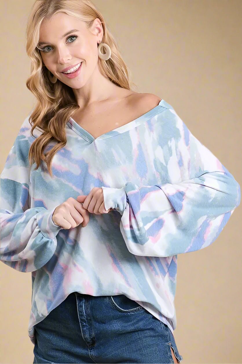 BiBi - Pastel Blue Tie - Dye V - Neck Pullover