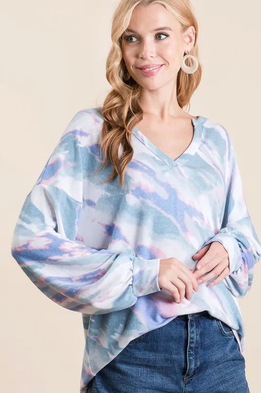 BiBi - Pastel Blue Tie - Dye V - Neck Pullover
