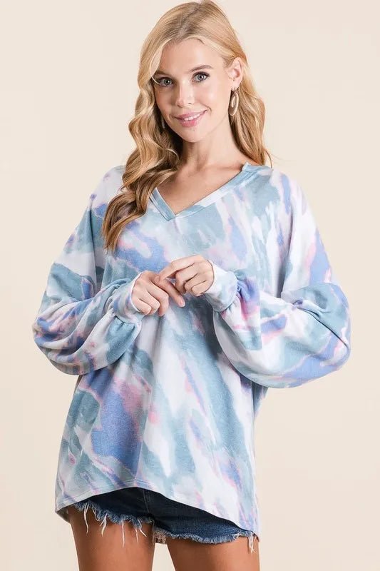 BiBi - Pastel Blue Tie - Dye V - Neck Pullover