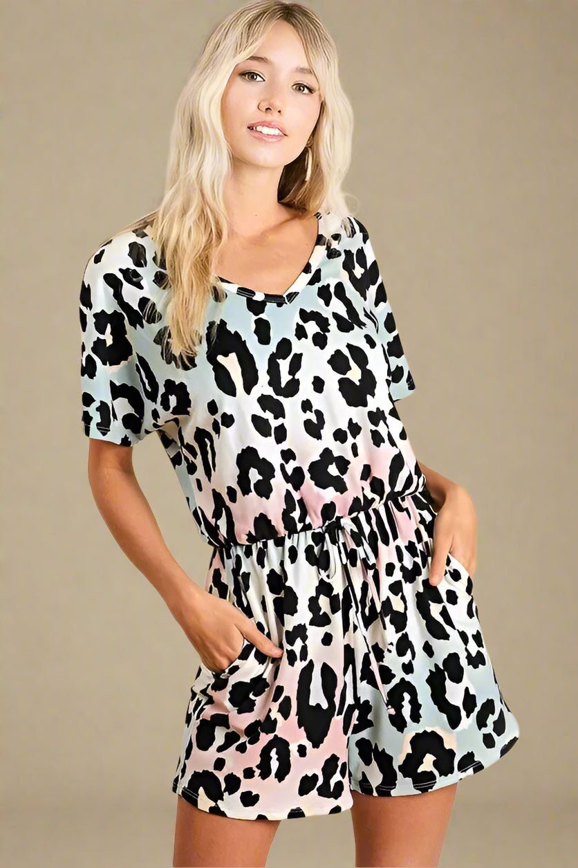 BiBi - Pastel Ombre Leopard Print V - Neck Romper