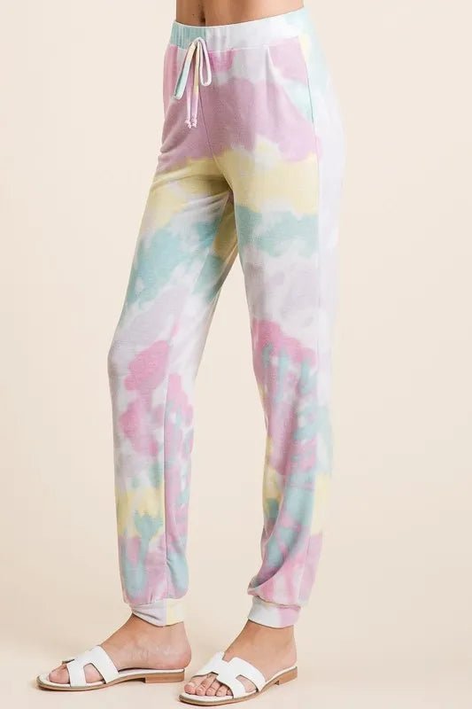 BiBi - Pastel Tie Dye Drawstring Joggers in Pink & Mint