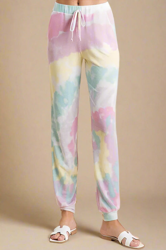 BiBi - Pastel Tie Dye Drawstring Joggers in Pink & Mint