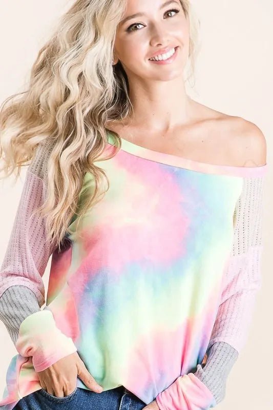 BiBi - Pastel Tie - Dye Raglan Pullover – Pink & Mint Fade