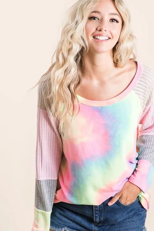 BiBi - Pastel Tie - Dye Raglan Pullover – Pink & Mint Fade