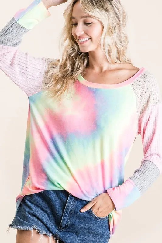 BiBi - Pastel Tie - Dye Raglan Pullover – Pink & Mint Fade