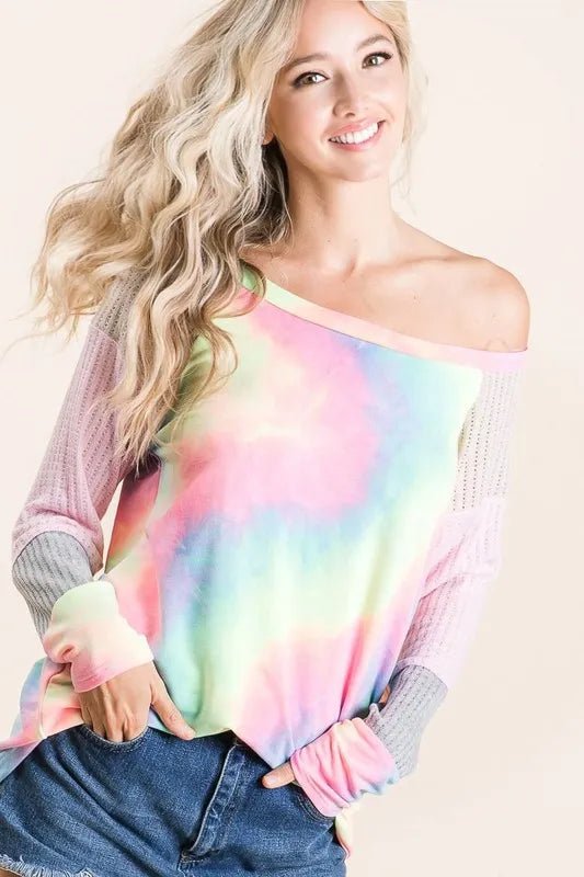 BiBi - Pastel Tie - Dye Raglan Pullover – Pink & Mint Fade