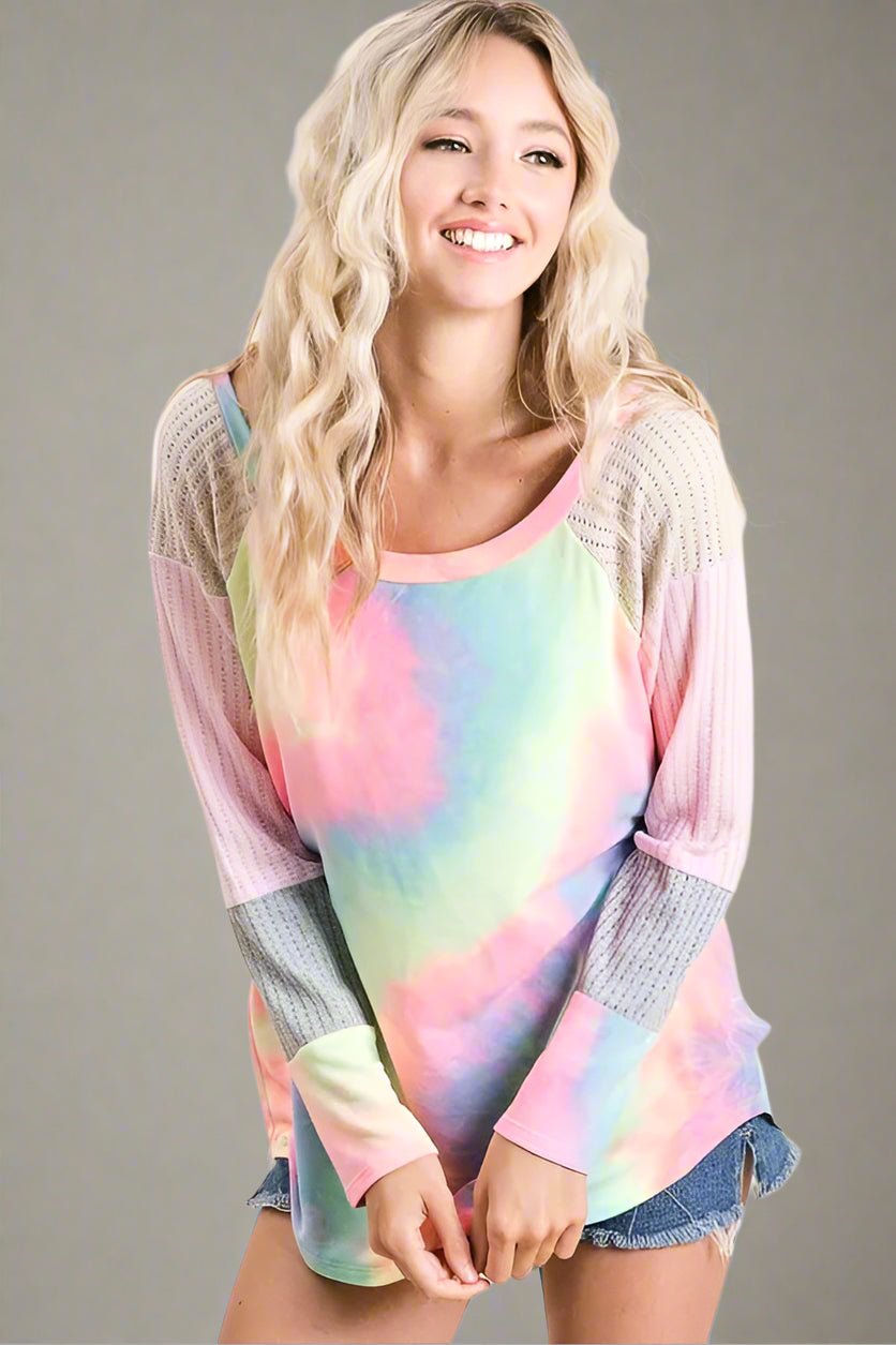 BiBi - Pastel Tie - Dye Raglan Pullover – Pink & Mint Fade
