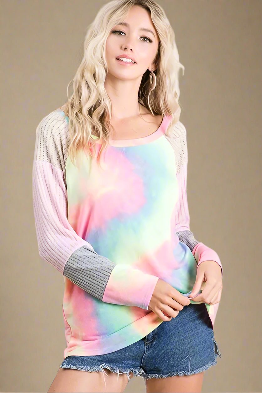 BiBi - Pastel Tie - Dye Raglan Pullover – Pink & Mint Fade