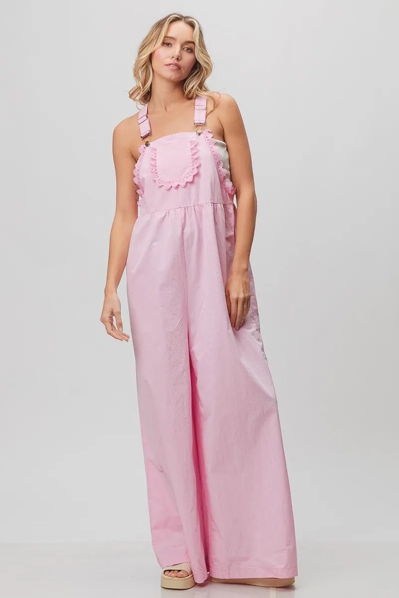BiBi - Pink Eyelet Trim Wide - Leg Overalls