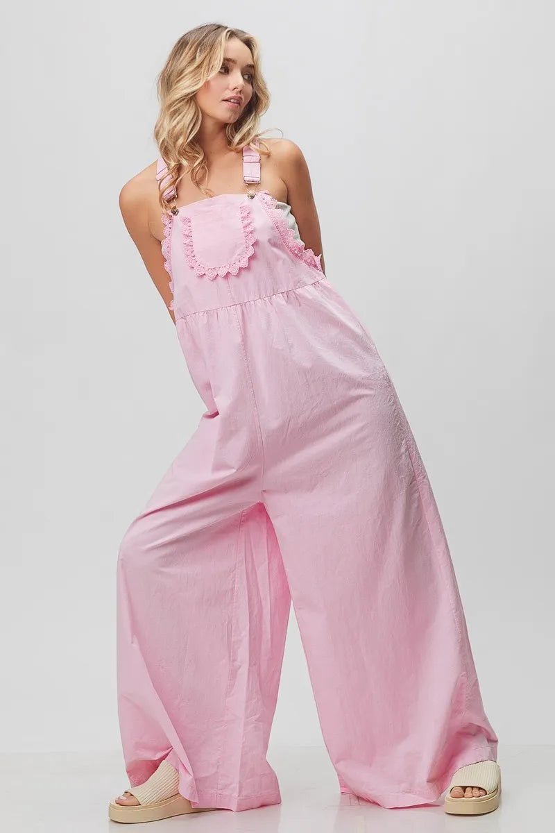 BiBi - Pink Eyelet Trim Wide - Leg Overalls