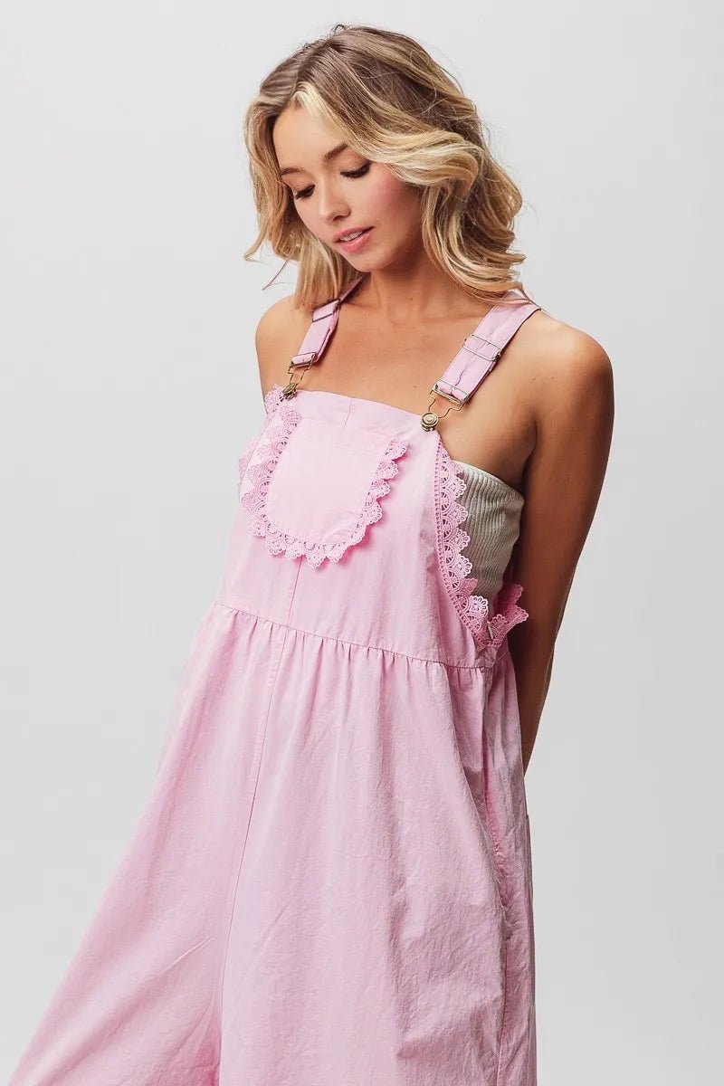 BiBi - Pink Eyelet Trim Wide - Leg Overalls