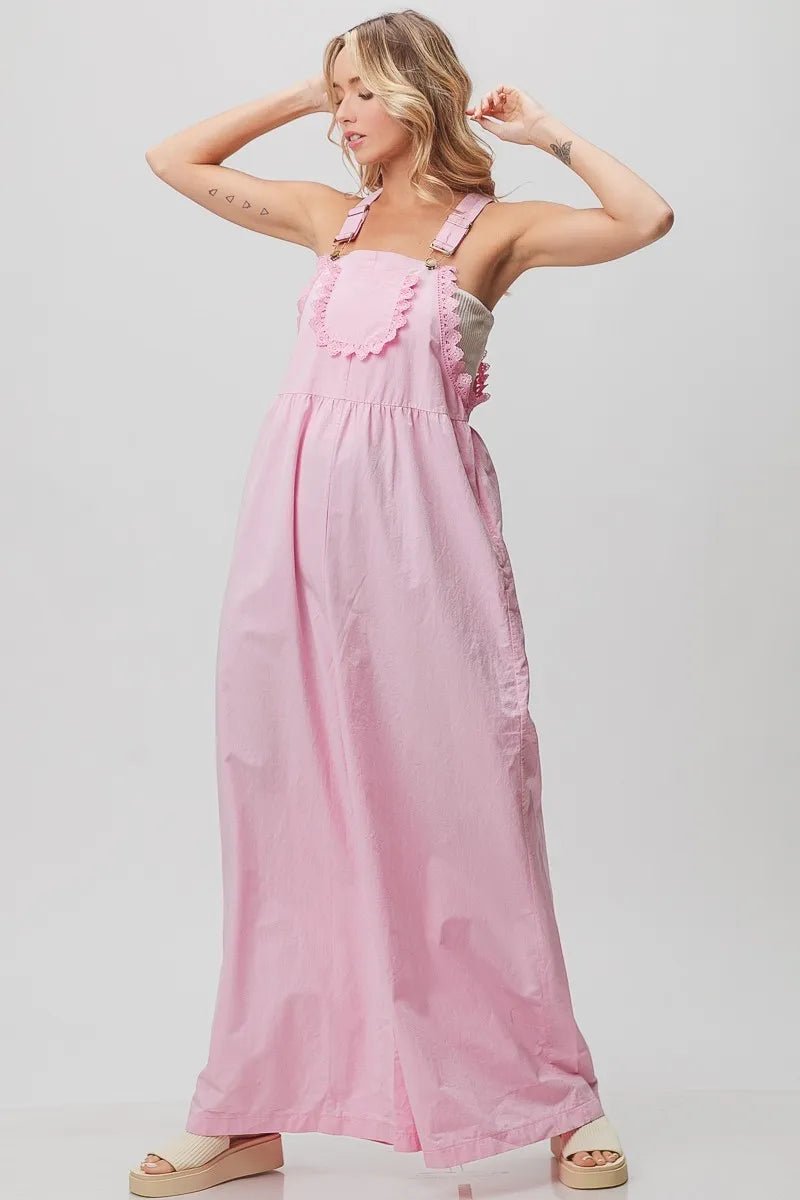 BiBi - Pink Eyelet Trim Wide - Leg Overalls