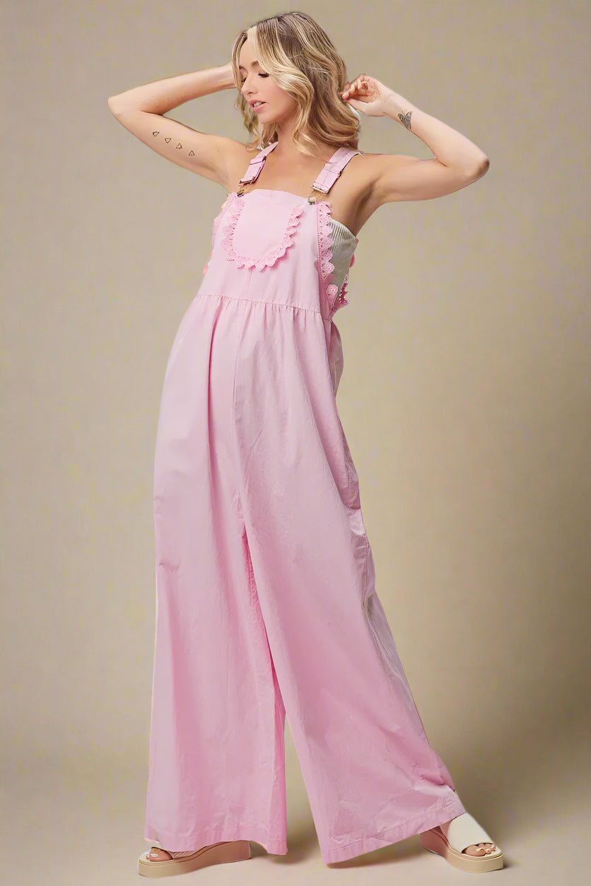 BiBi - Pink Eyelet Trim Wide - Leg Overalls